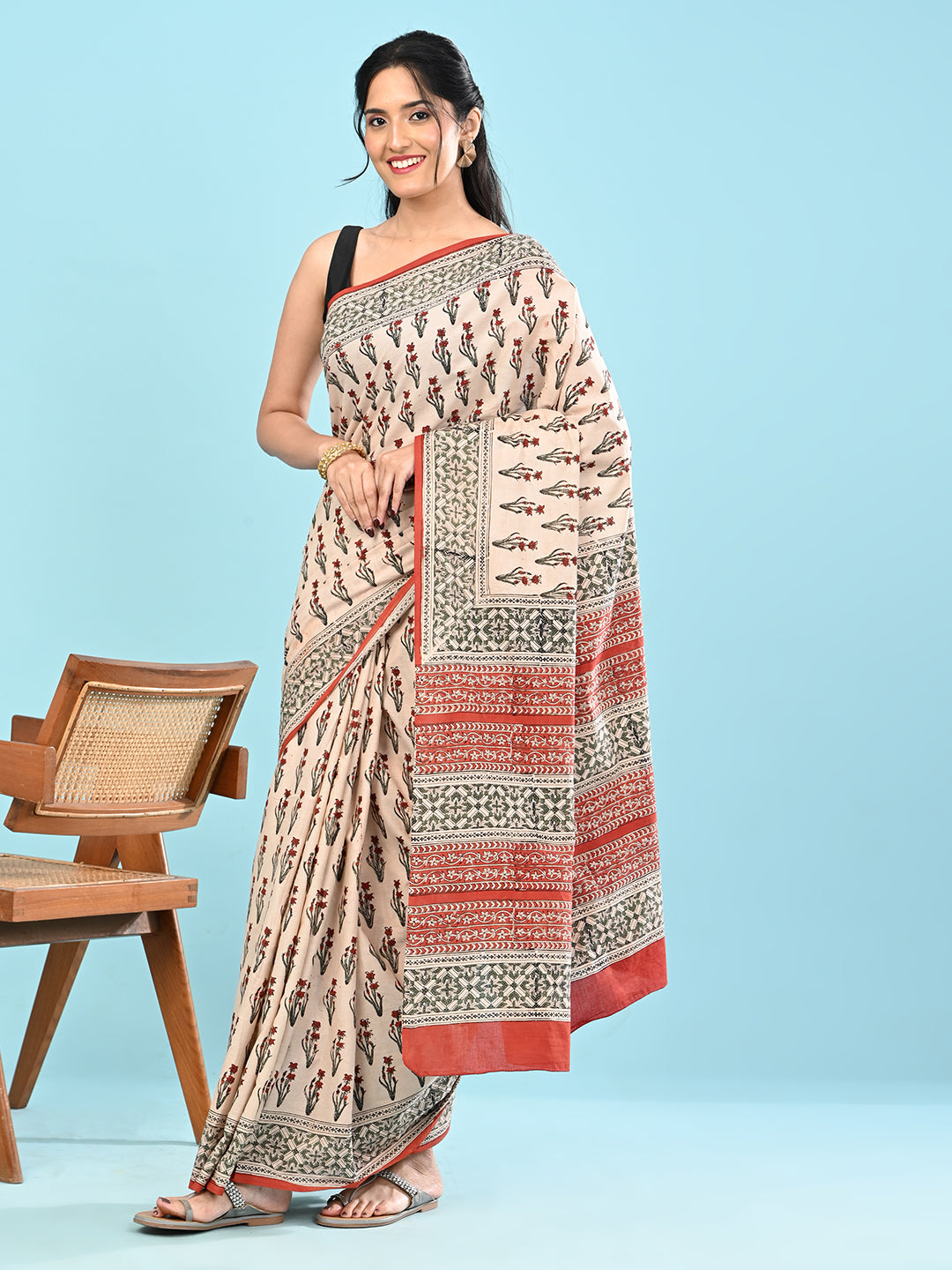 Chaap Beige Bagru Saree