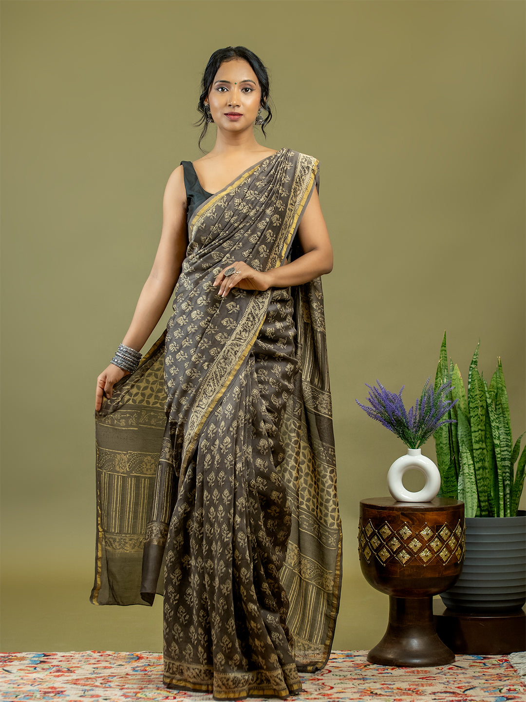 Saanjhi Brown Ajrakh Saree