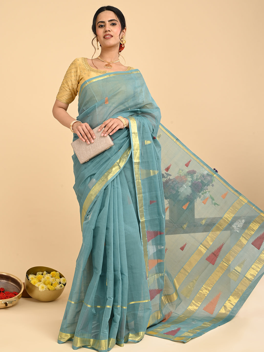 Mandir Skyblue Venkatagiri Saree