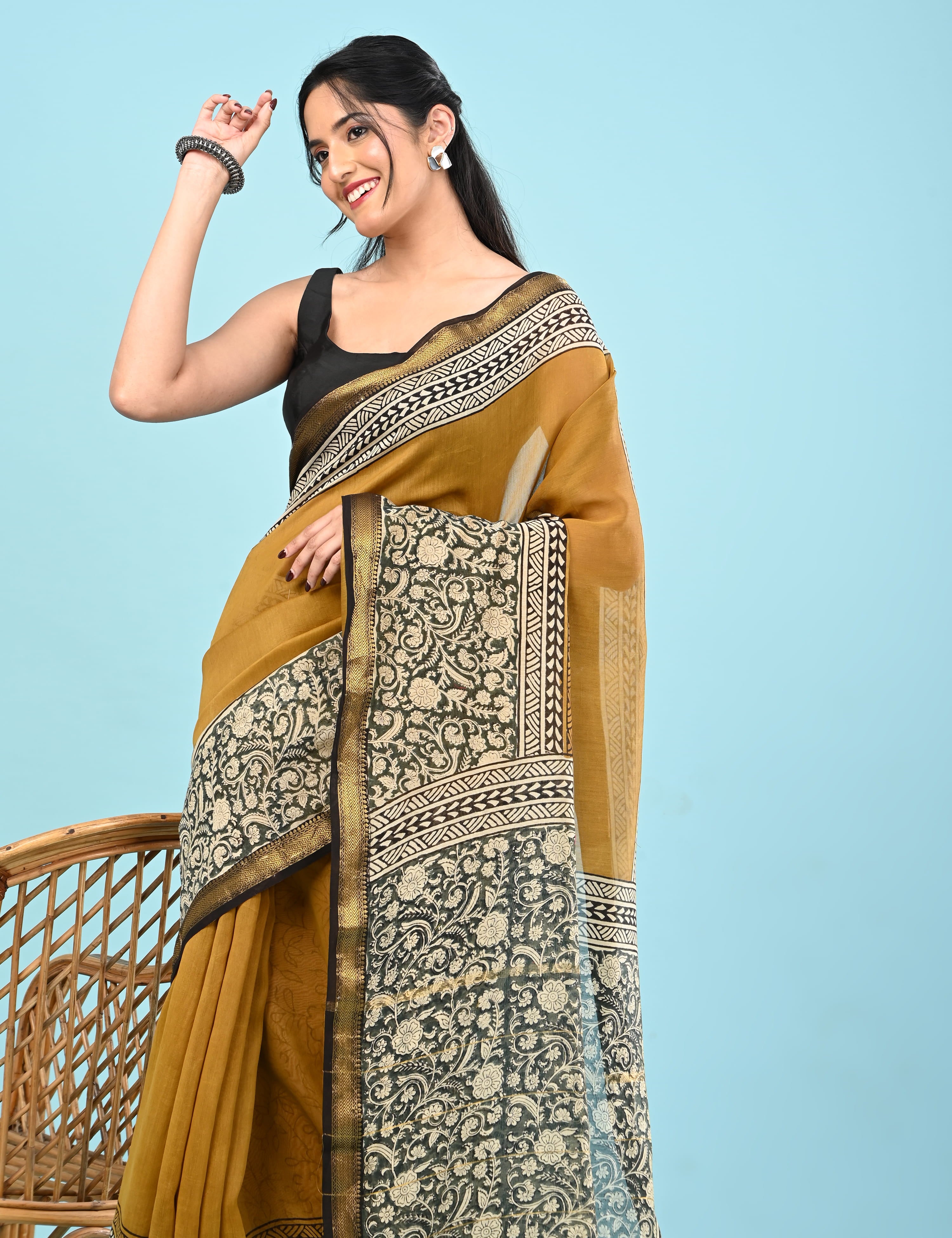 Pushpavali Mustard Block Print Saree