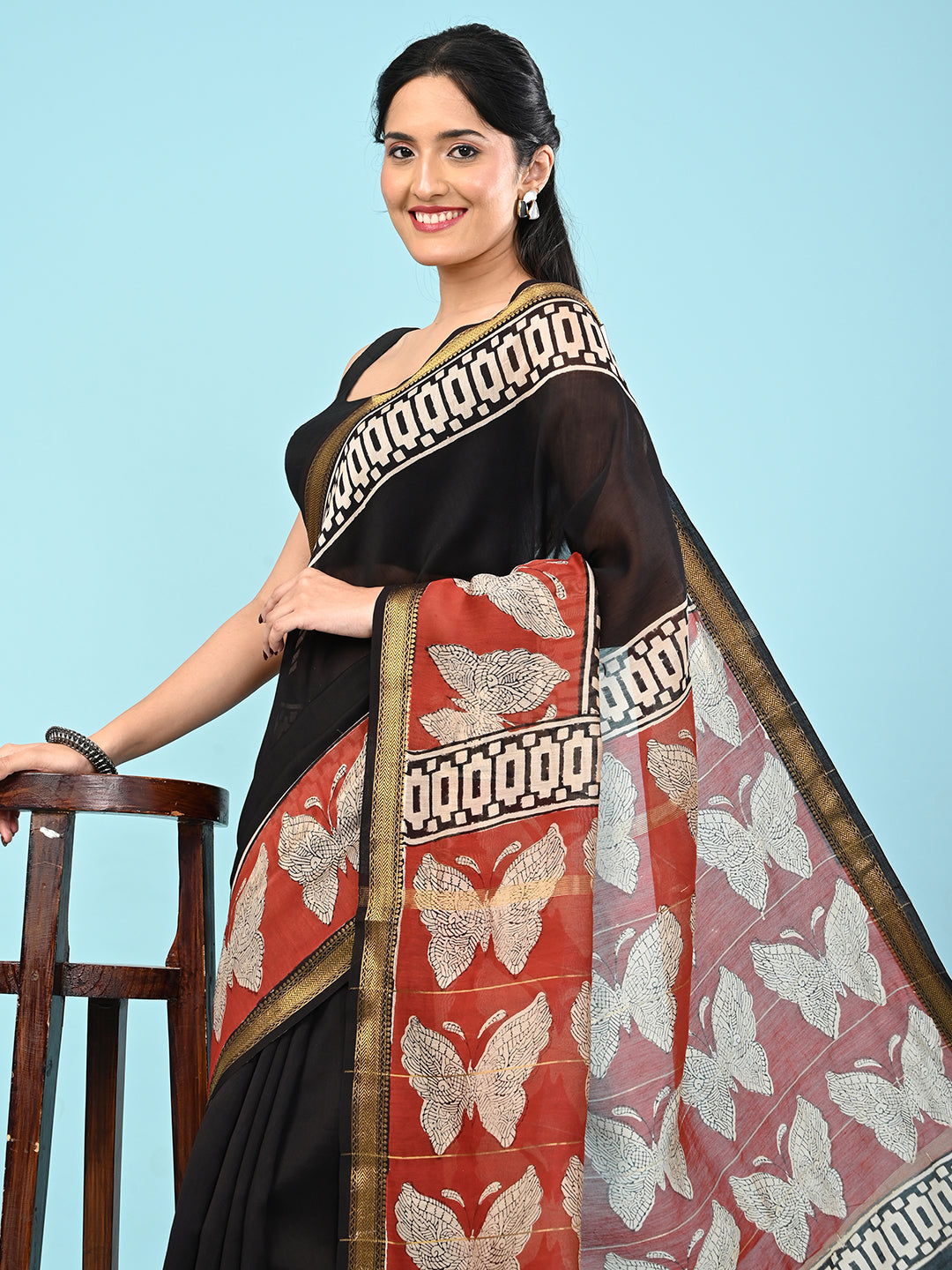 Pushpavali Black Block Print Saree