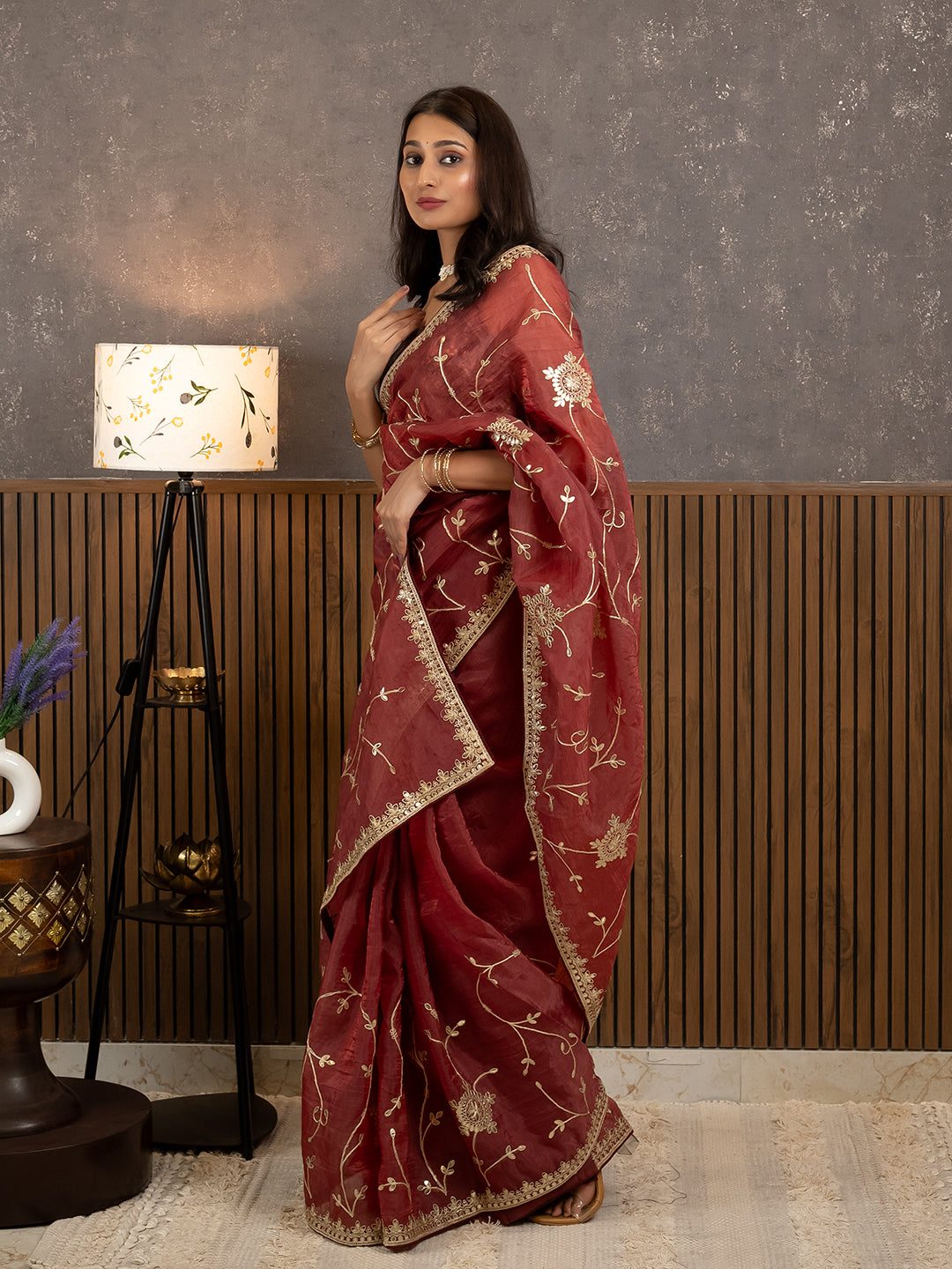 Gota Maroon Embroidered Saree