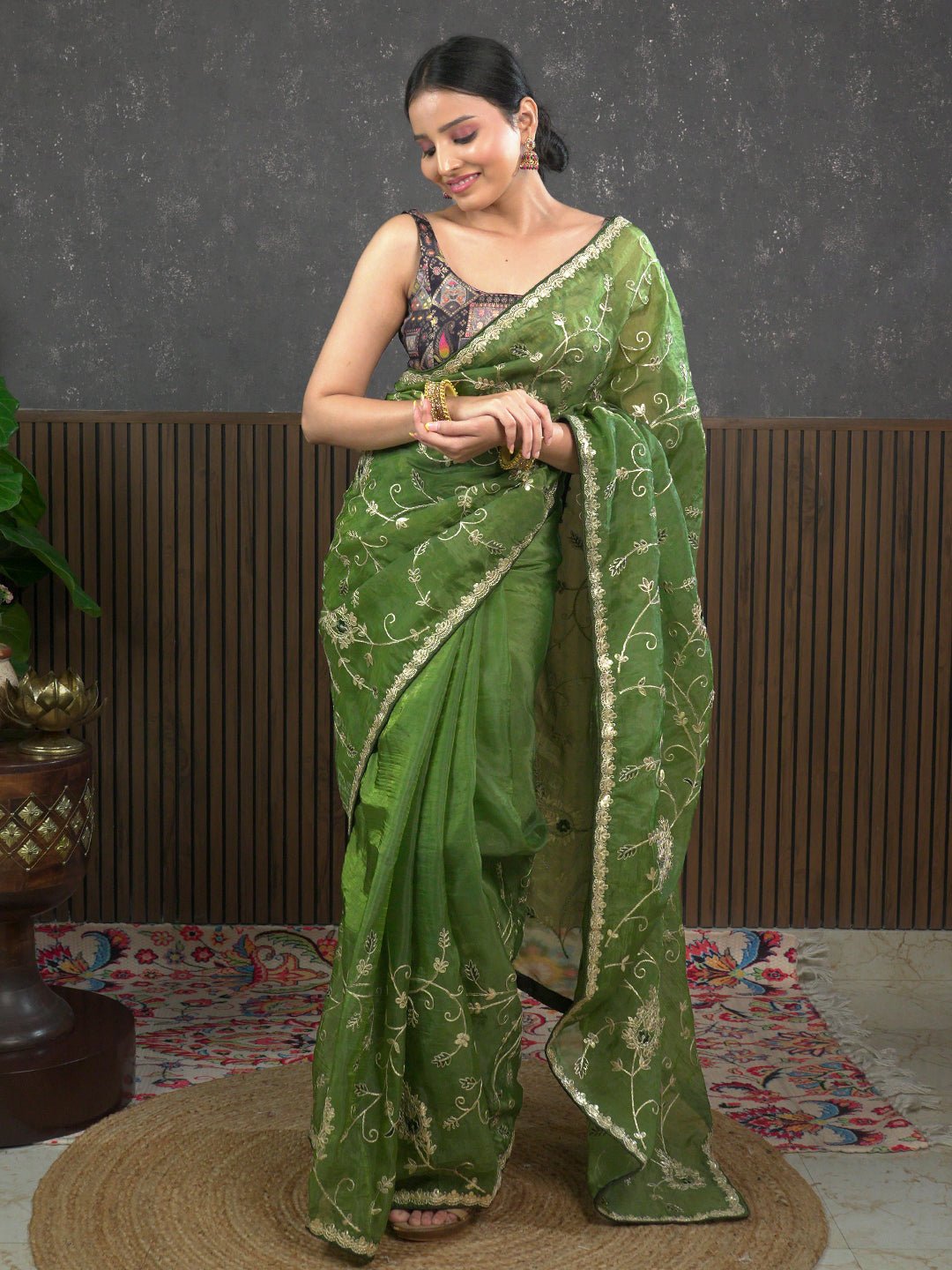 Gota Olive Embroidered Saree