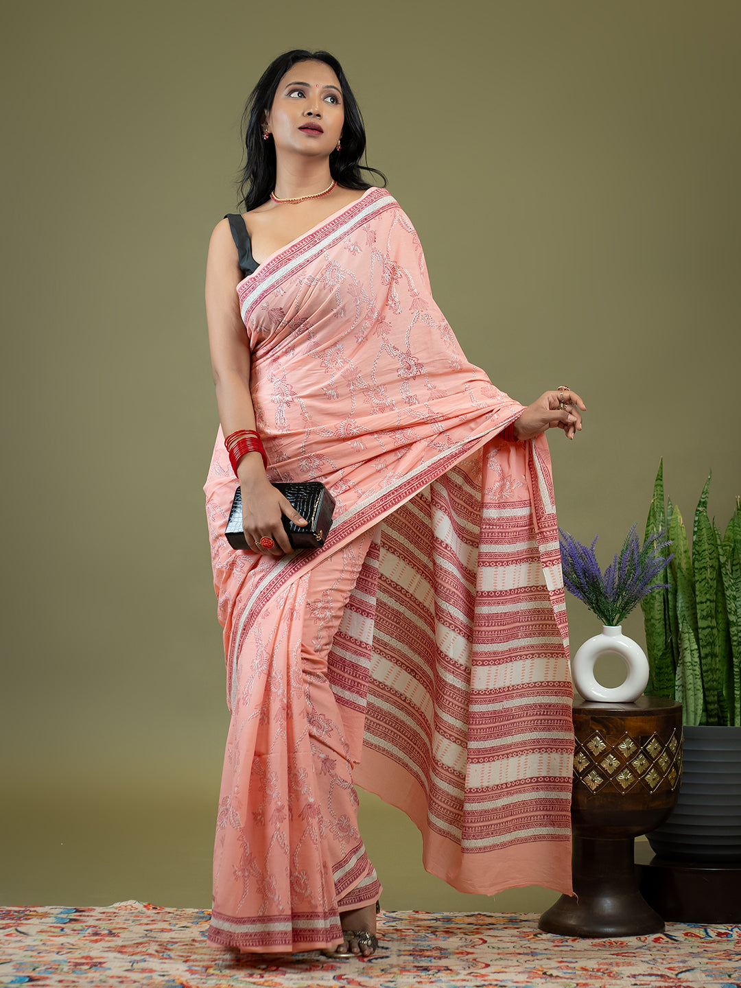 Gulkar Peach Dabu Saree
