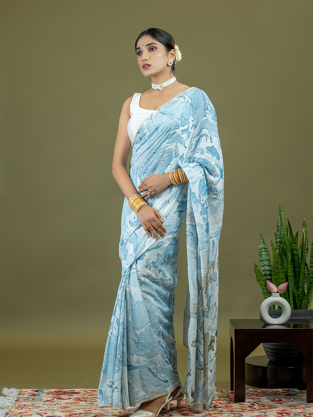 Chhavi Sky Blue Marble Print Saree