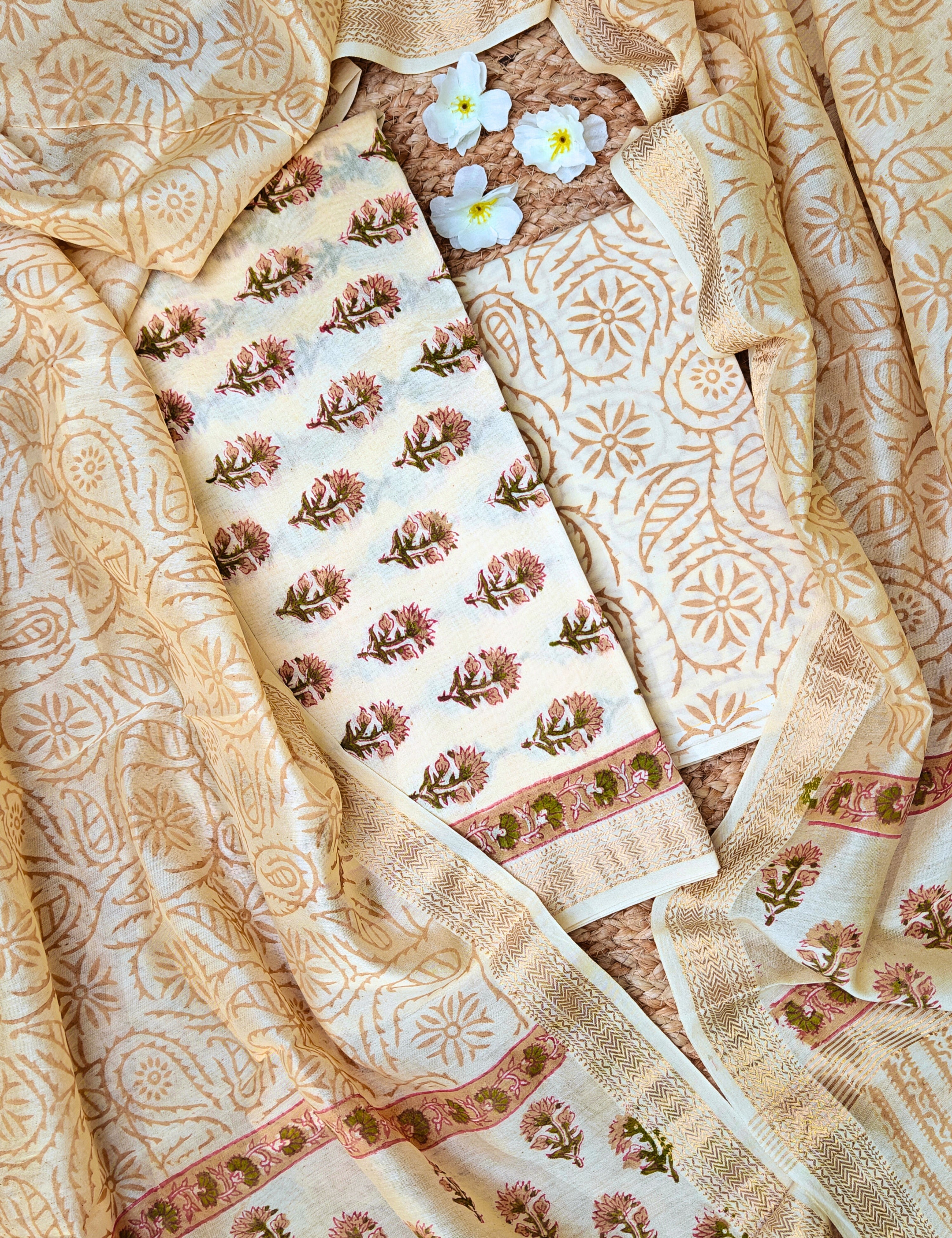 Maati Cream Bagru Dress Material