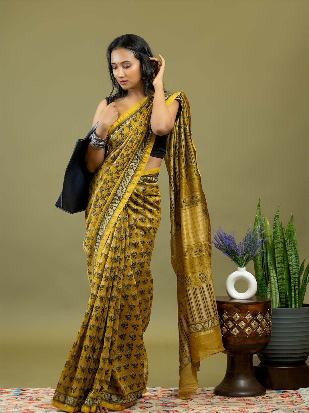 Saanjhi Mustard Ajrakh Saree