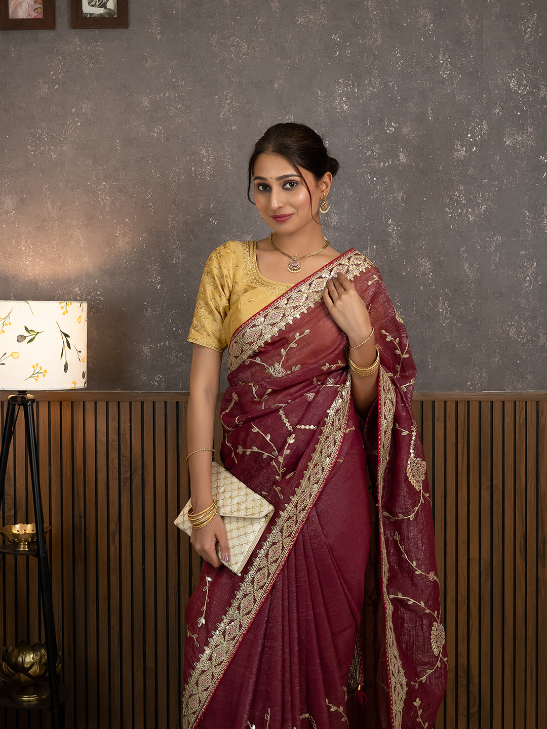 Gota Maroon Embroidered Saree