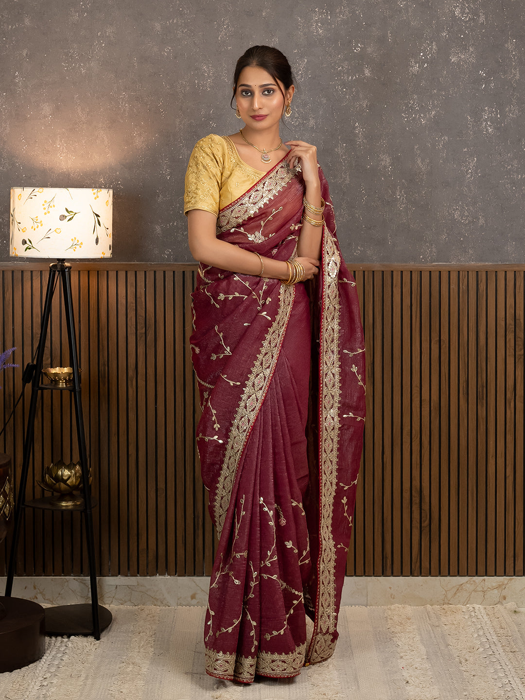 Gota Maroon Embroidered Saree