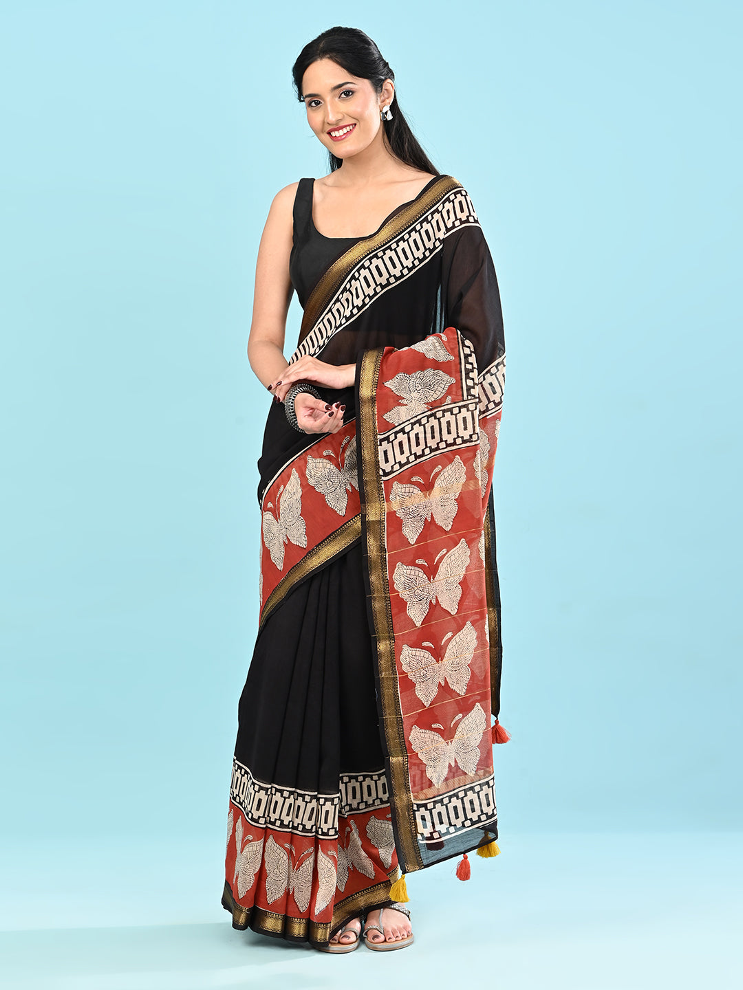 Pushpavali Black Block Print Saree
