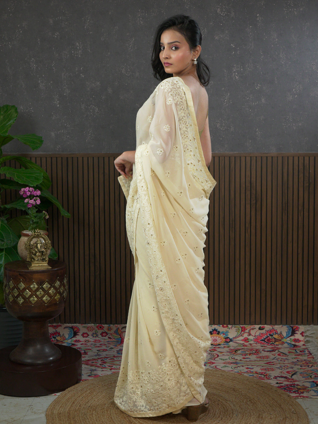 Nazakat Off White Karachi Work Saree