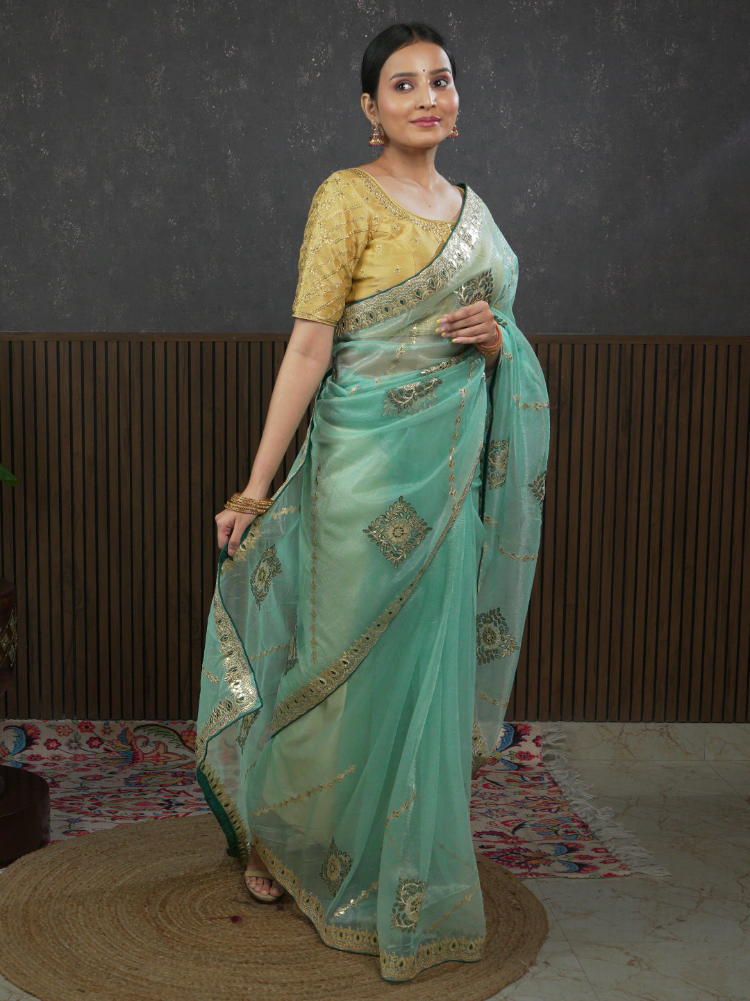Gota Sea-Green Embroidered Saree