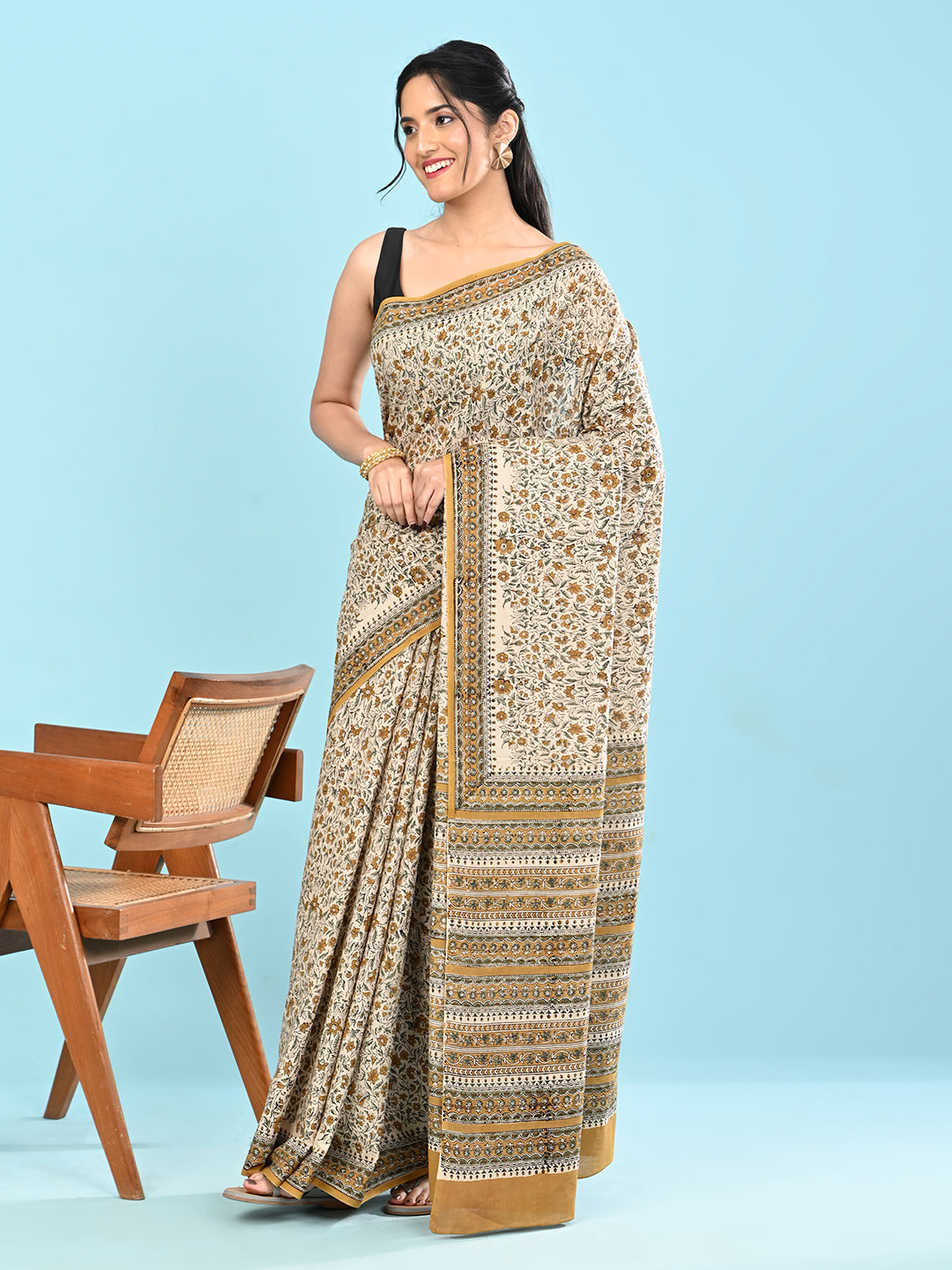 Chaap Khaki Bagru Saree