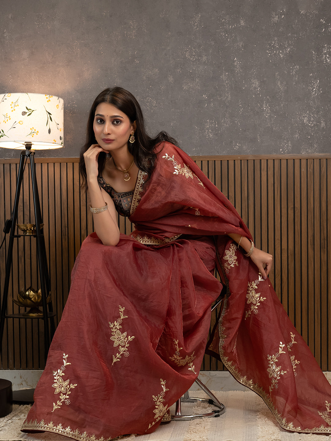 Gota Maroon Embroidered Saree