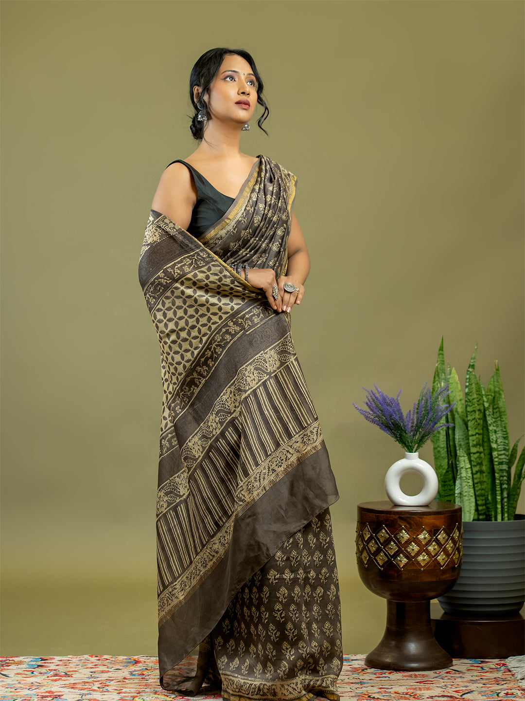 Saanjhi Brown Ajrakh Saree