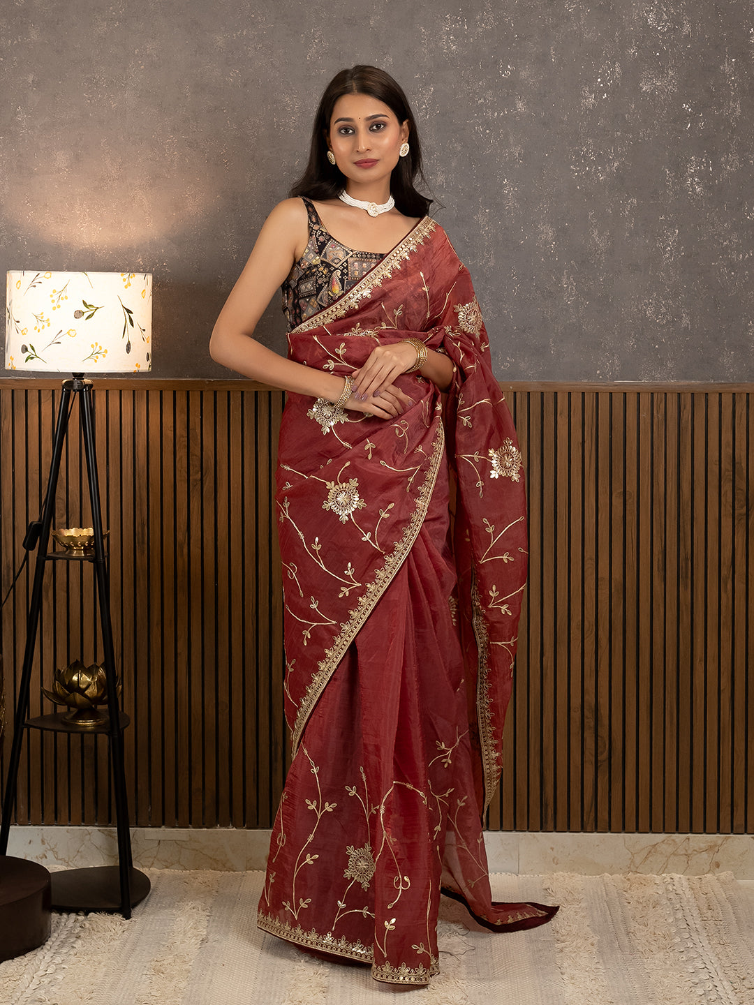 Gota Maroon Embroidered Saree