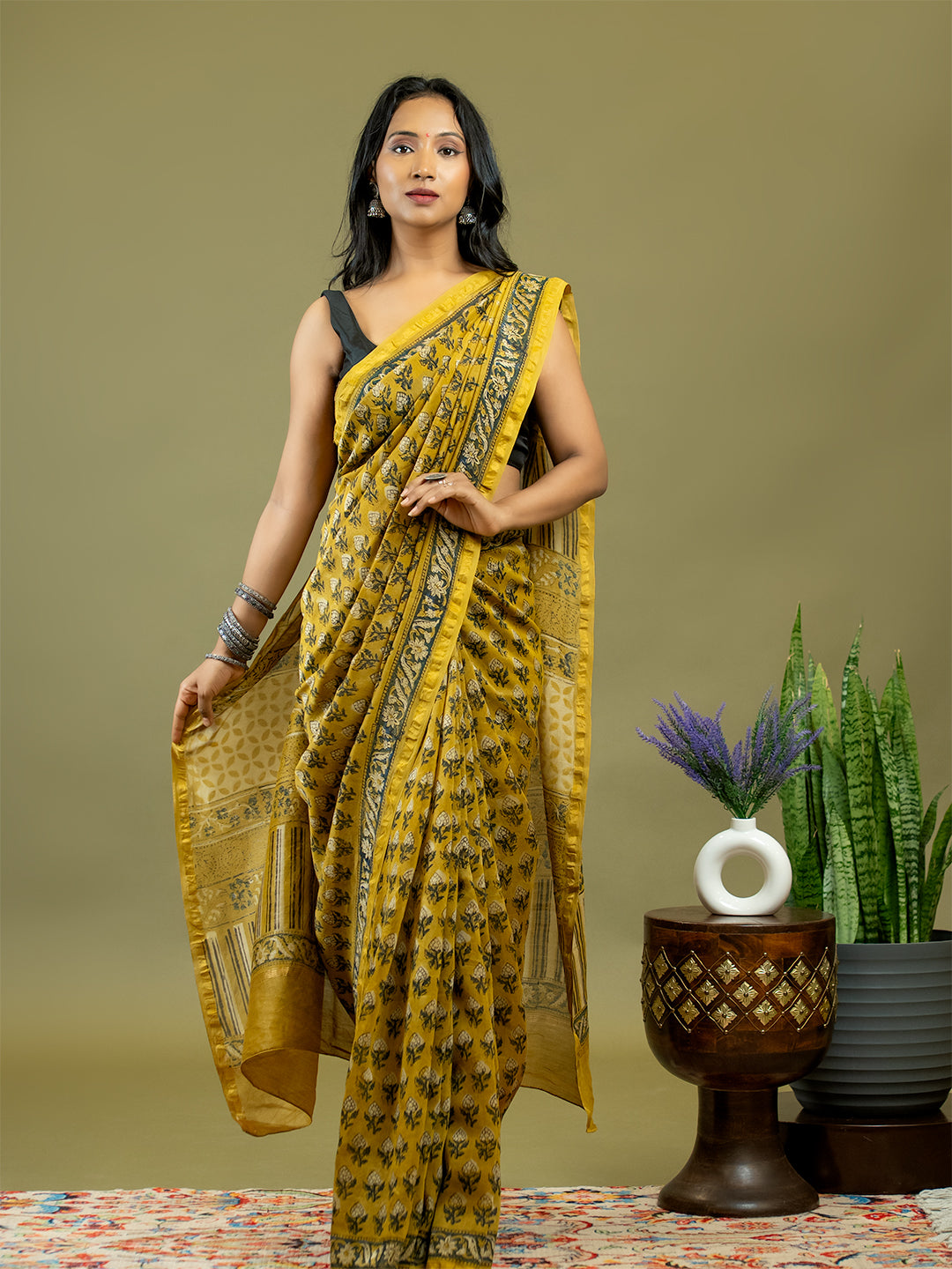 Saanjhi Mustard Ajrakh Saree