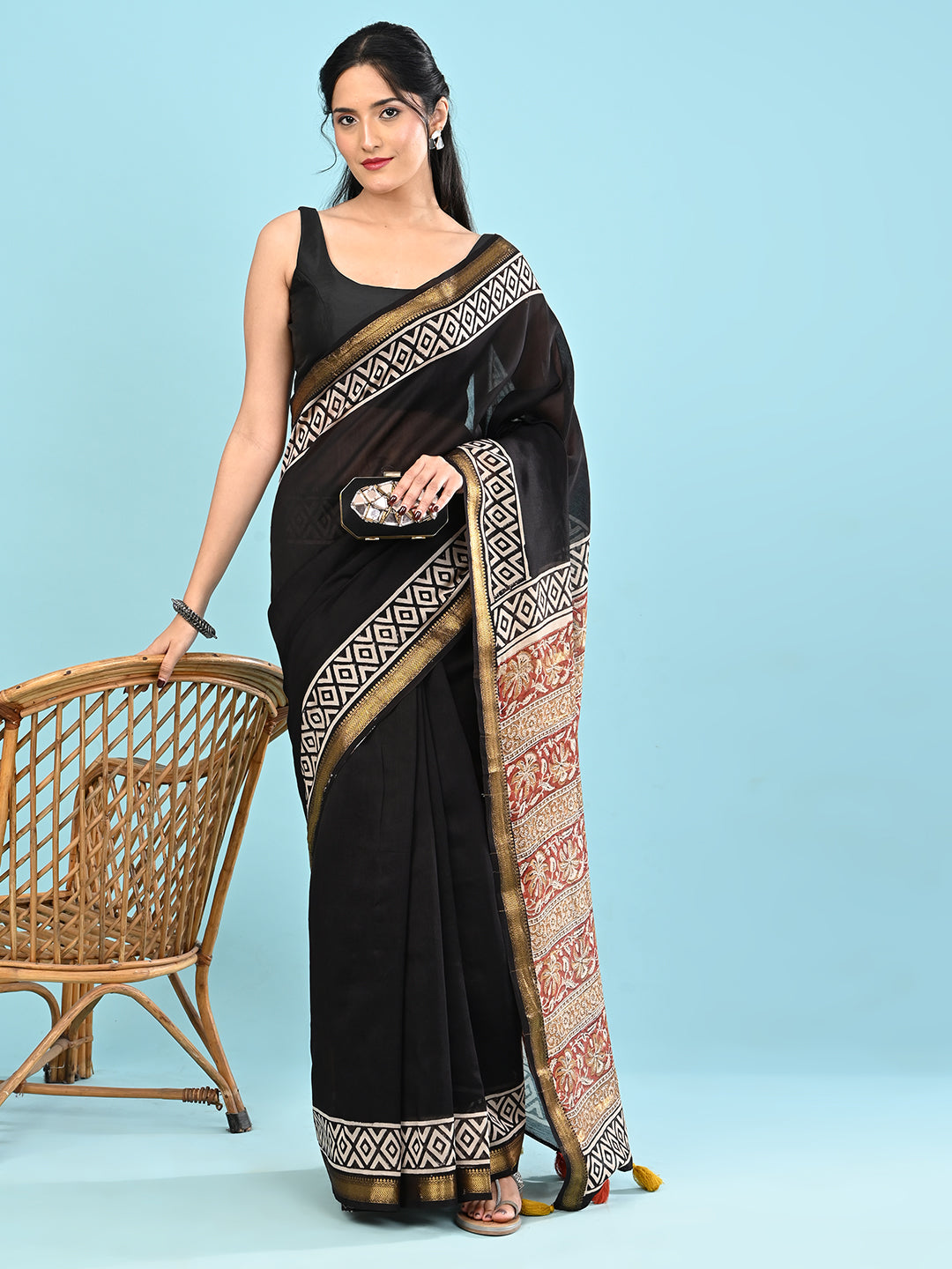Pushpavali Black Block Print Saree
