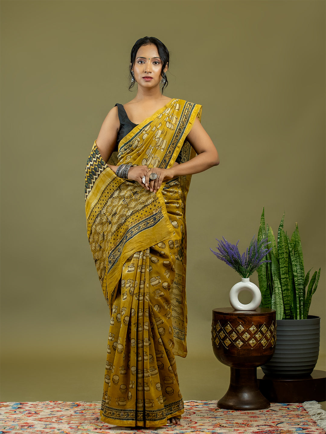 Avani Mustard Ajrakh Saree