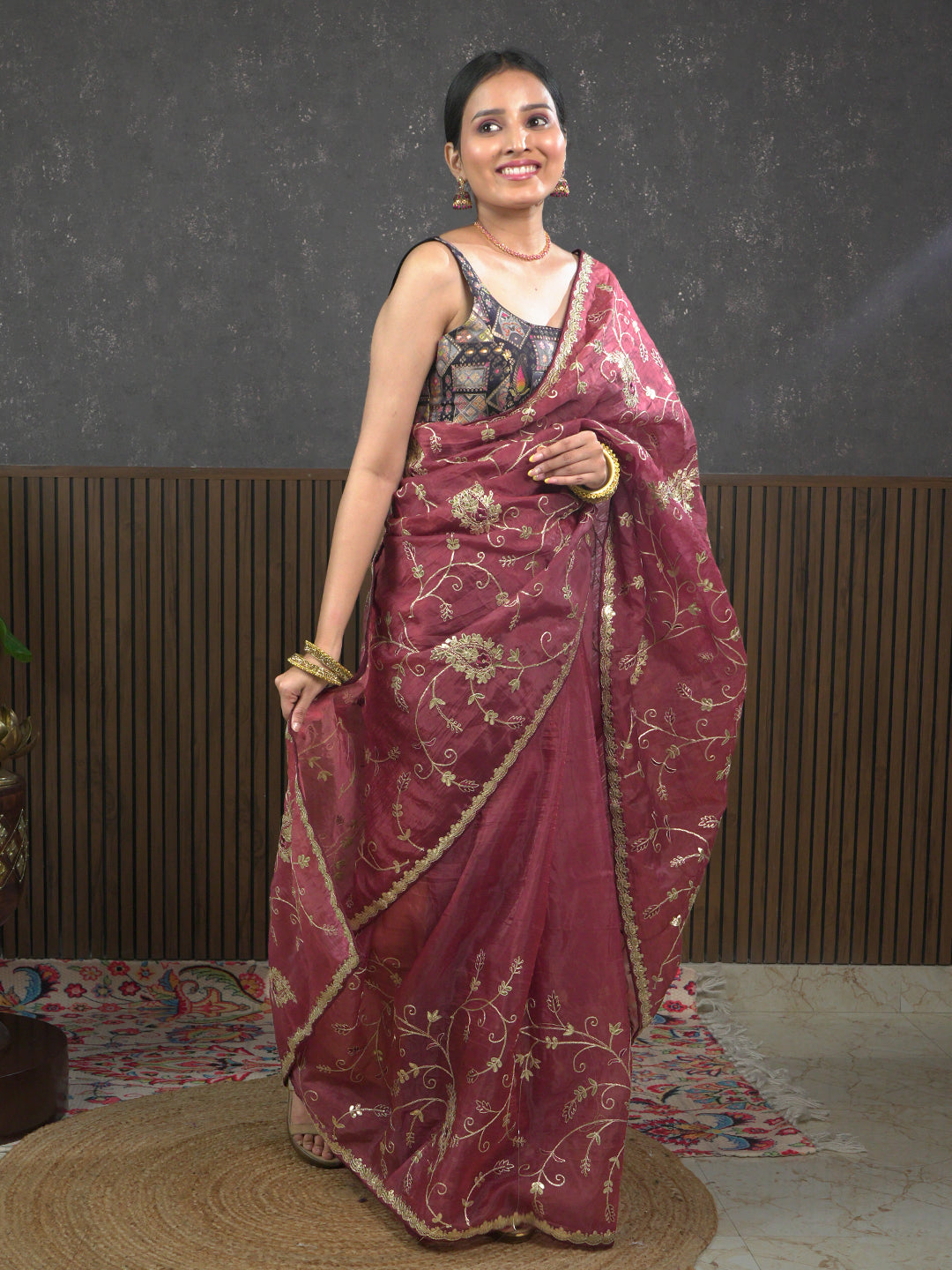 Gota Maroon Embroidered Saree