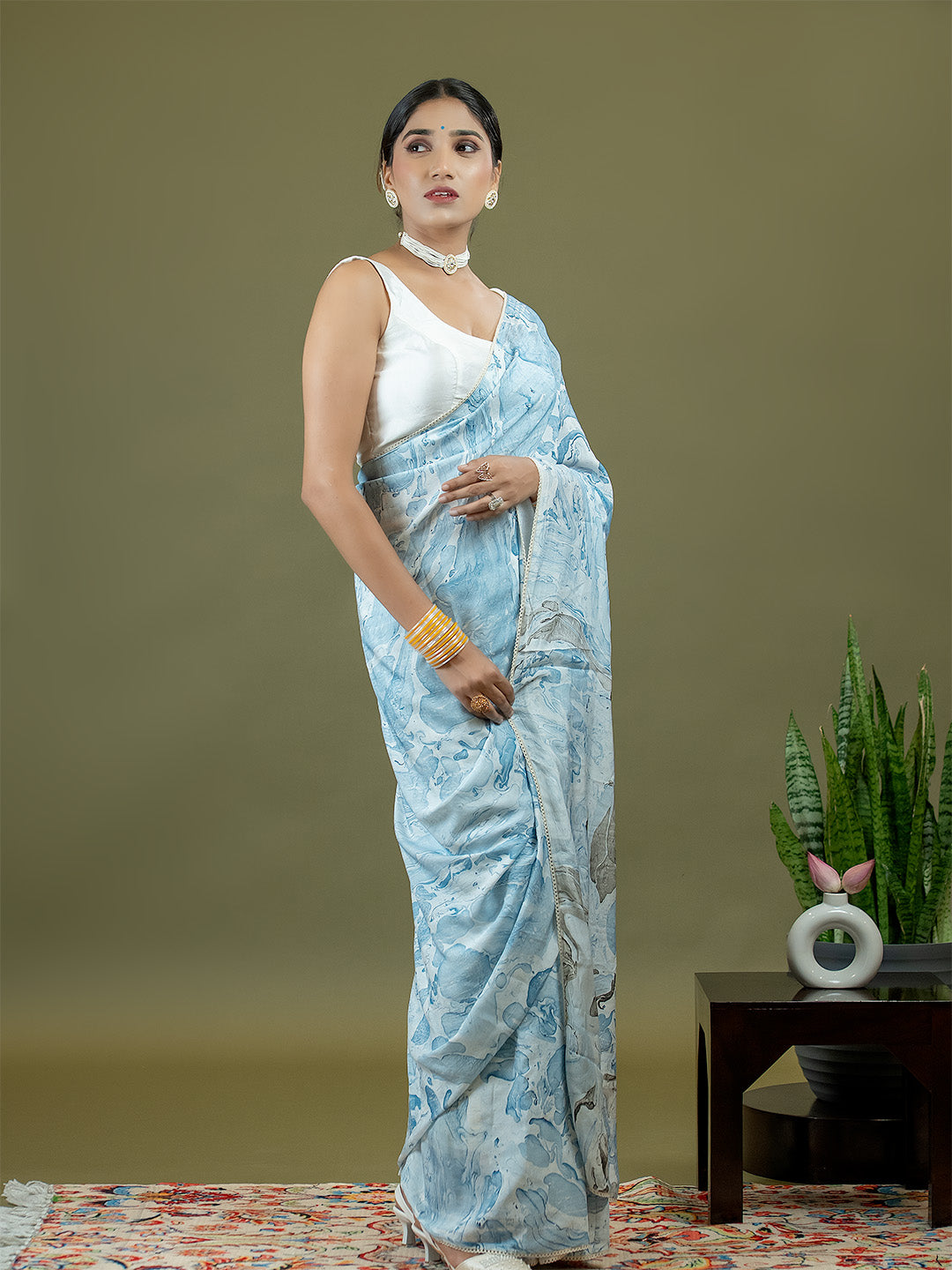 Chhavi Sky Blue Marble Print Saree