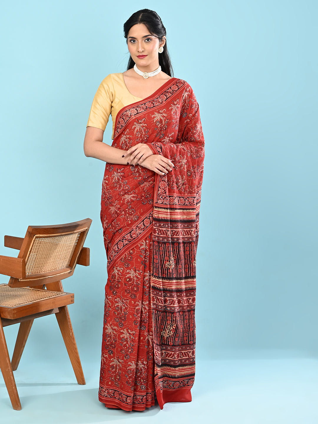 Sunheri Red Ajrakh Saree