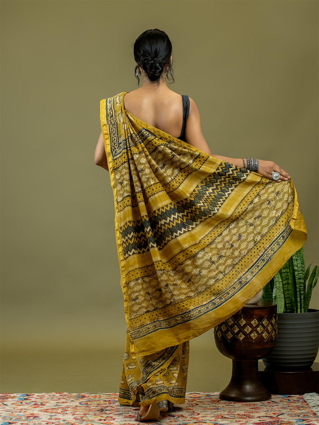 Avani Mustard Ajrakh Saree