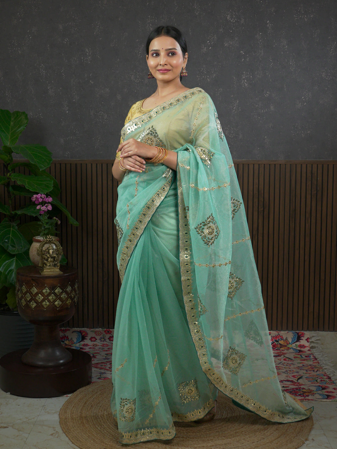 Gota Sea-Green Embroidered Saree