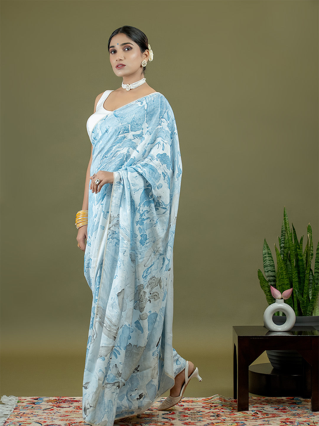 Chhavi Sky Blue Marble Print Saree