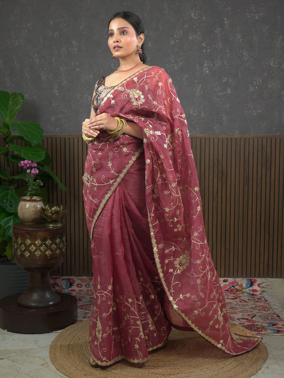 Gota Maroon Embroidered Saree