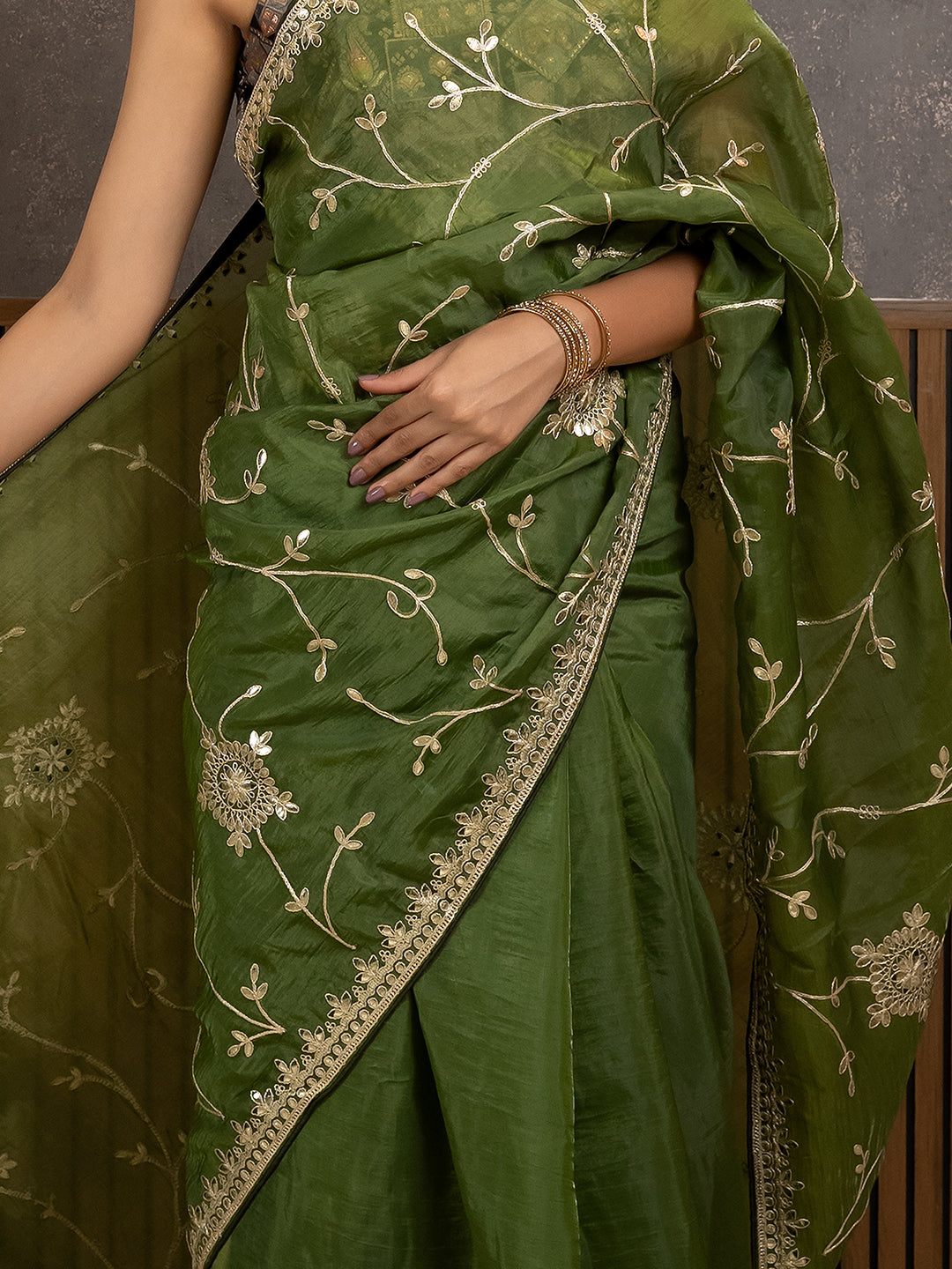Gota Olive Embroidered Saree