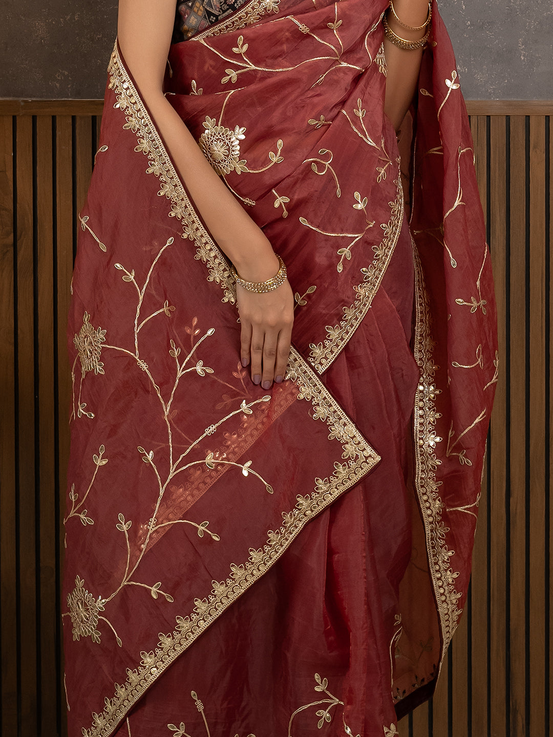 Gota Maroon Embroidered Saree