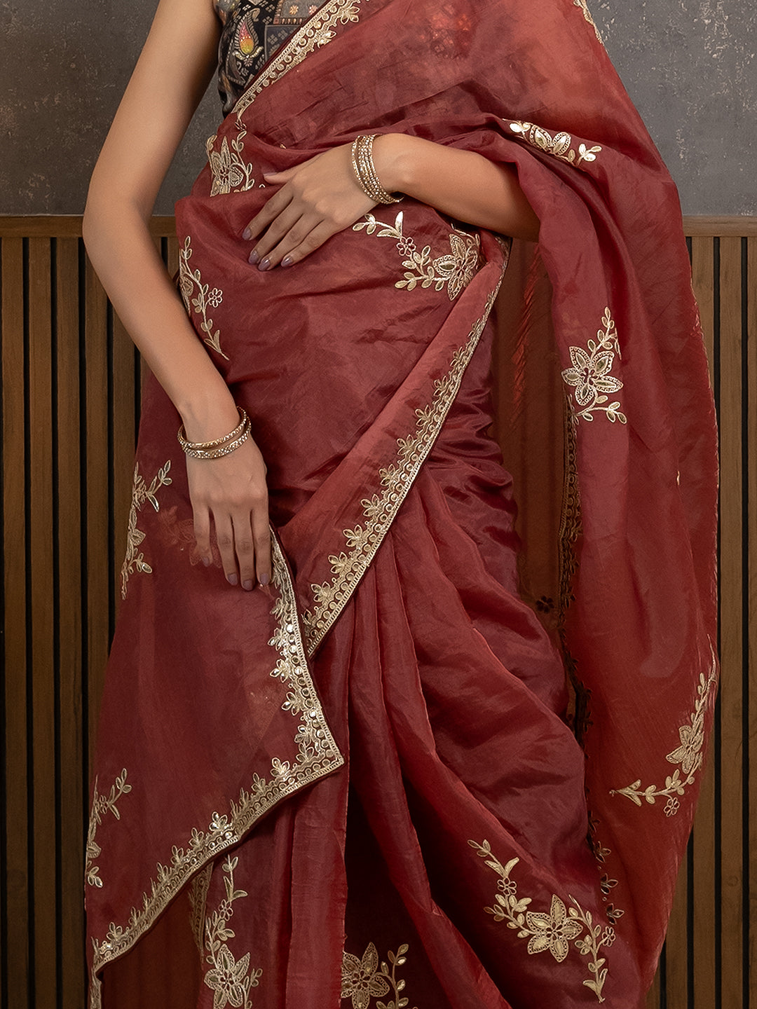 Gota Maroon Embroidered Saree