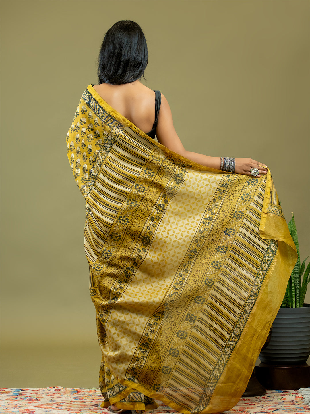 Saanjhi Mustard Ajrakh Saree