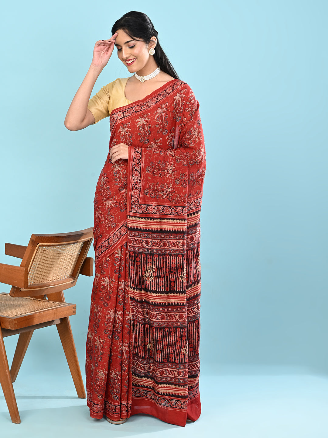 Sunheri Red Ajrakh Saree