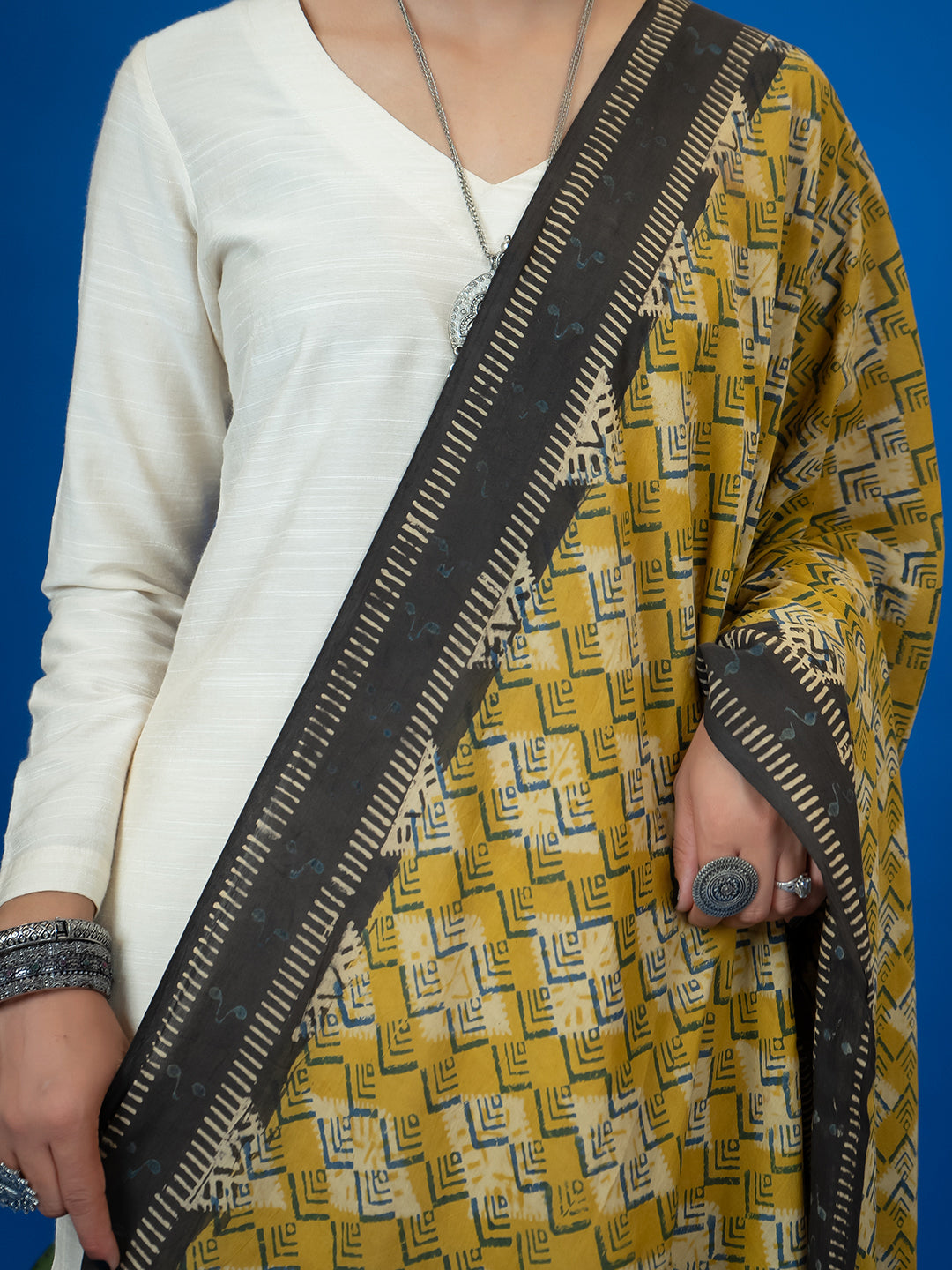 Kapas Mustard Ajrakh Dupatta