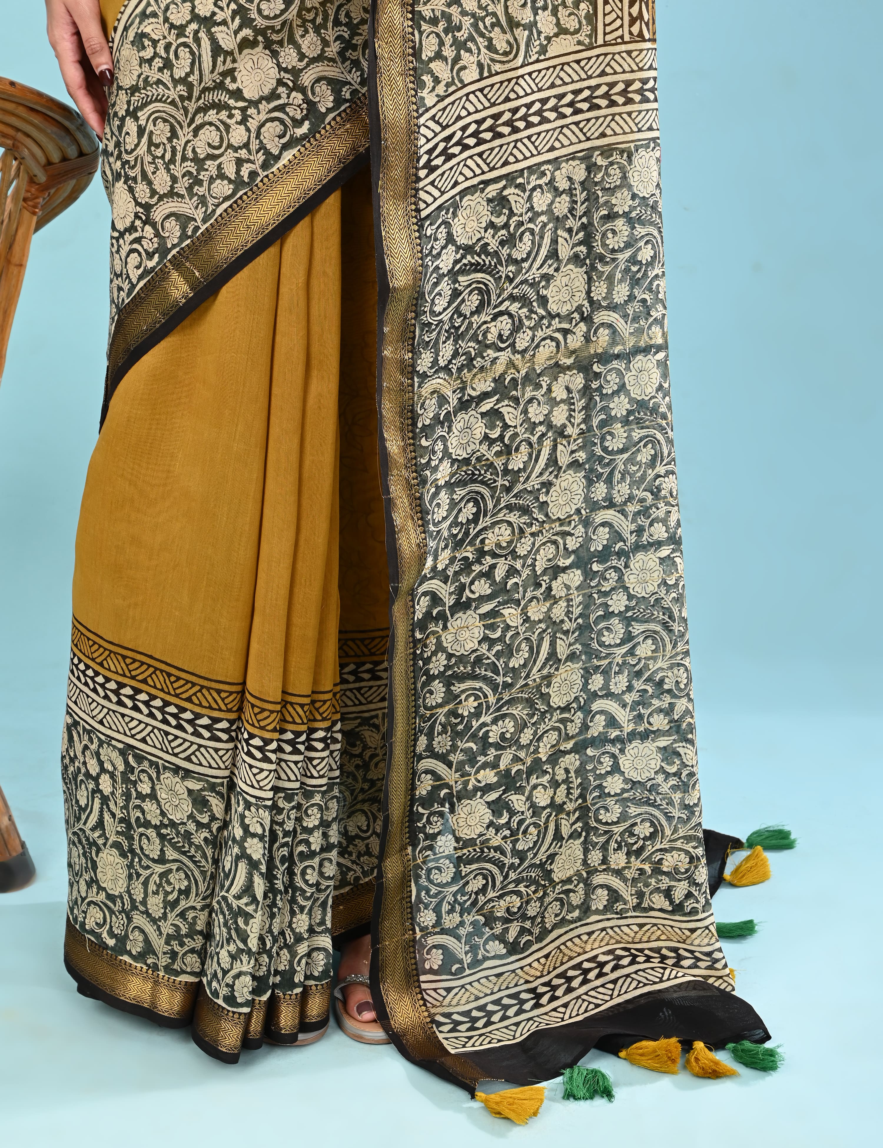Pushpavali Mustard Block Print Saree