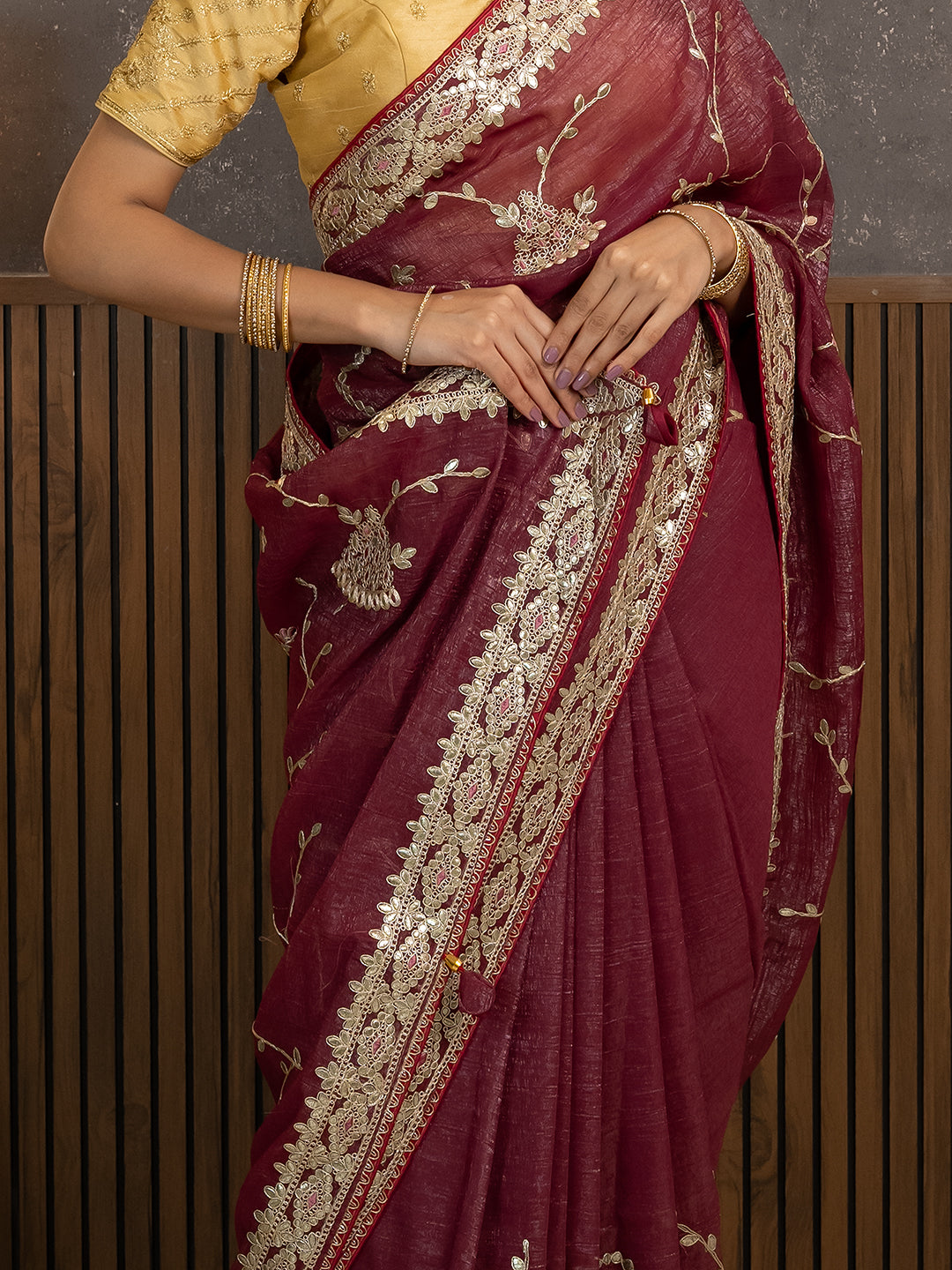 Gota Maroon Embroidered Saree
