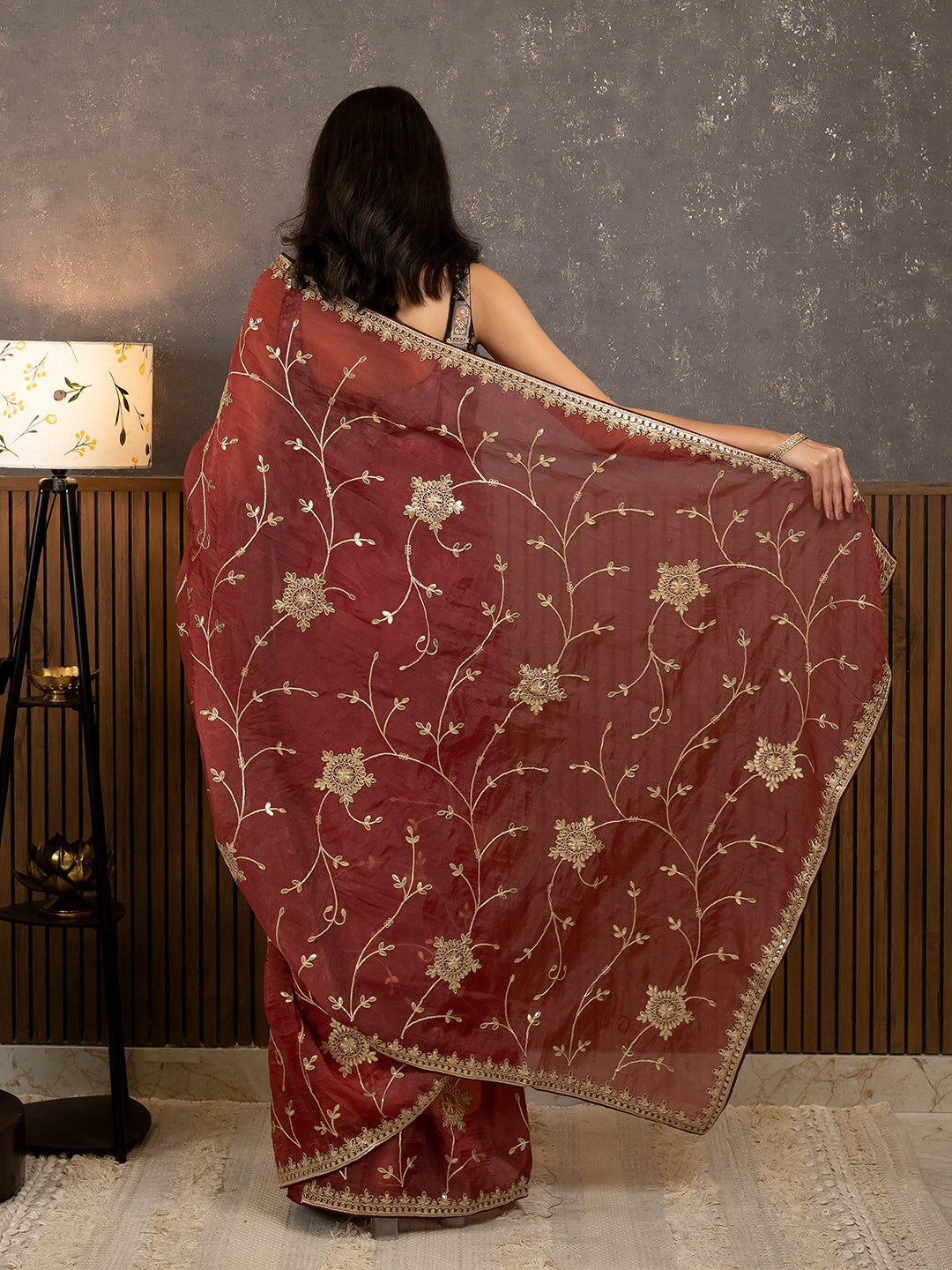 Gota Maroon Embroidered Saree