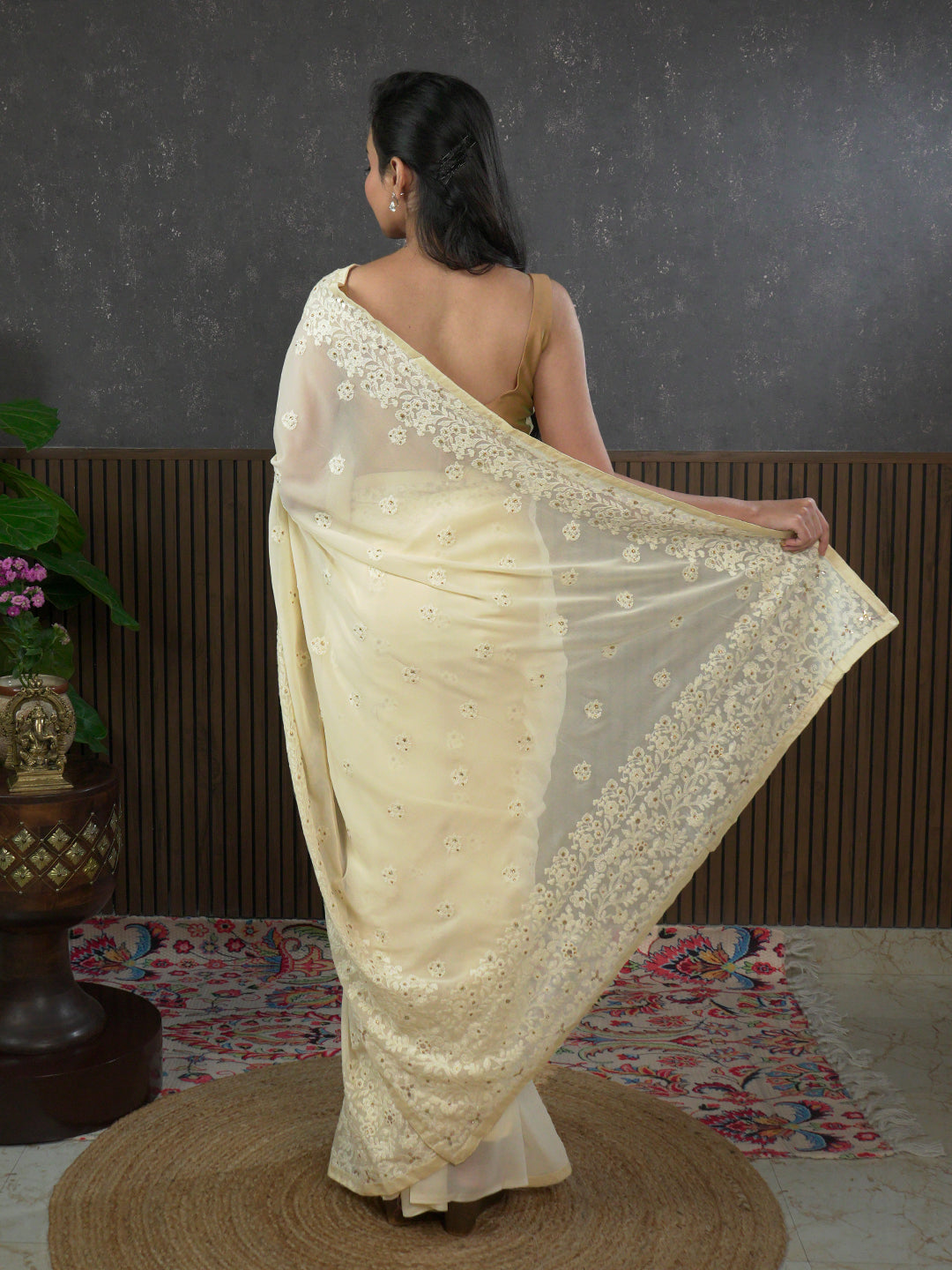 Nazakat Off White Karachi Work Saree