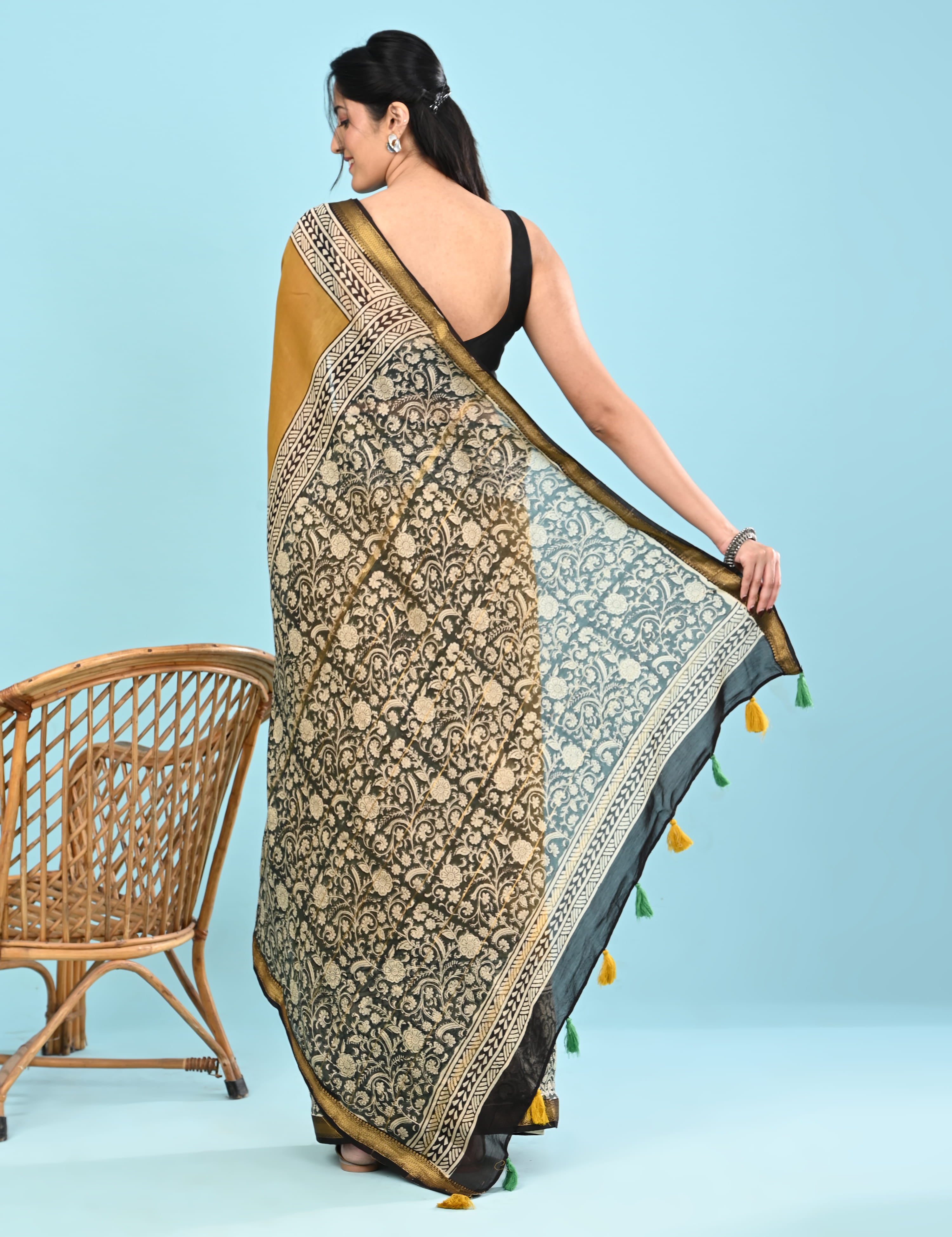 Pushpavali Mustard Block Print Saree