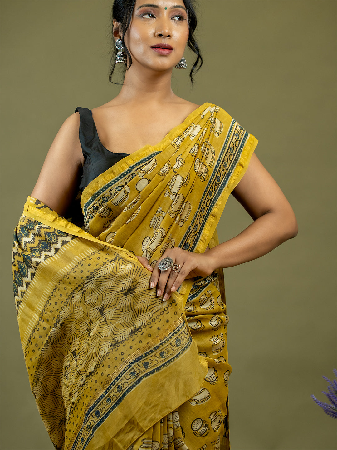 Avani Mustard Ajrakh Saree