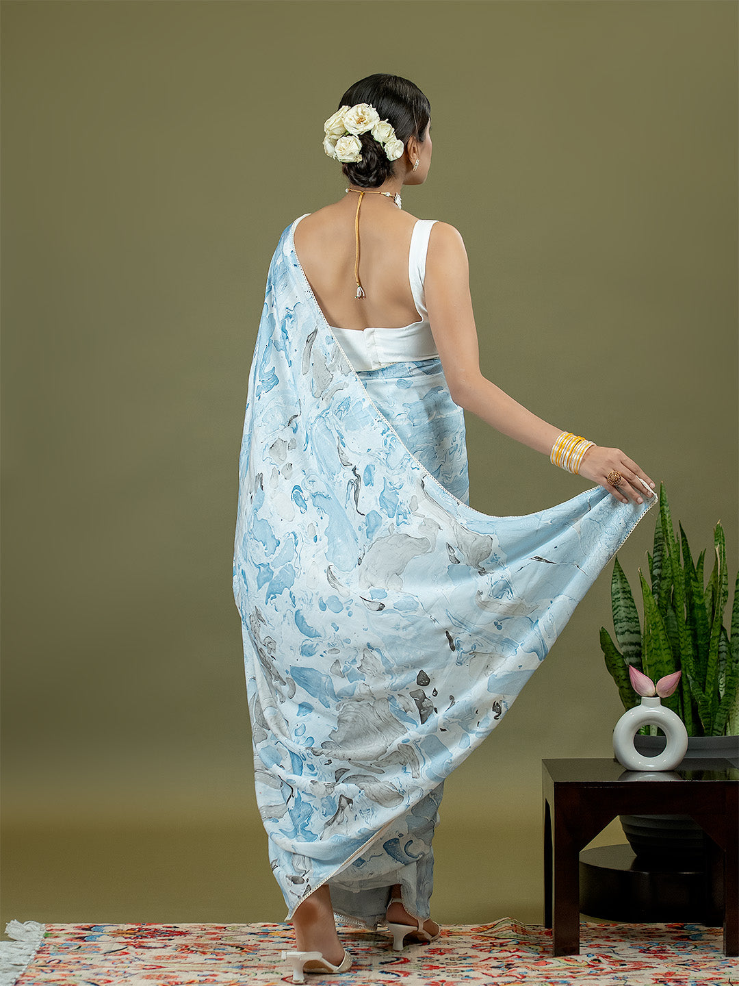 Chhavi Sky Blue Marble Print Saree