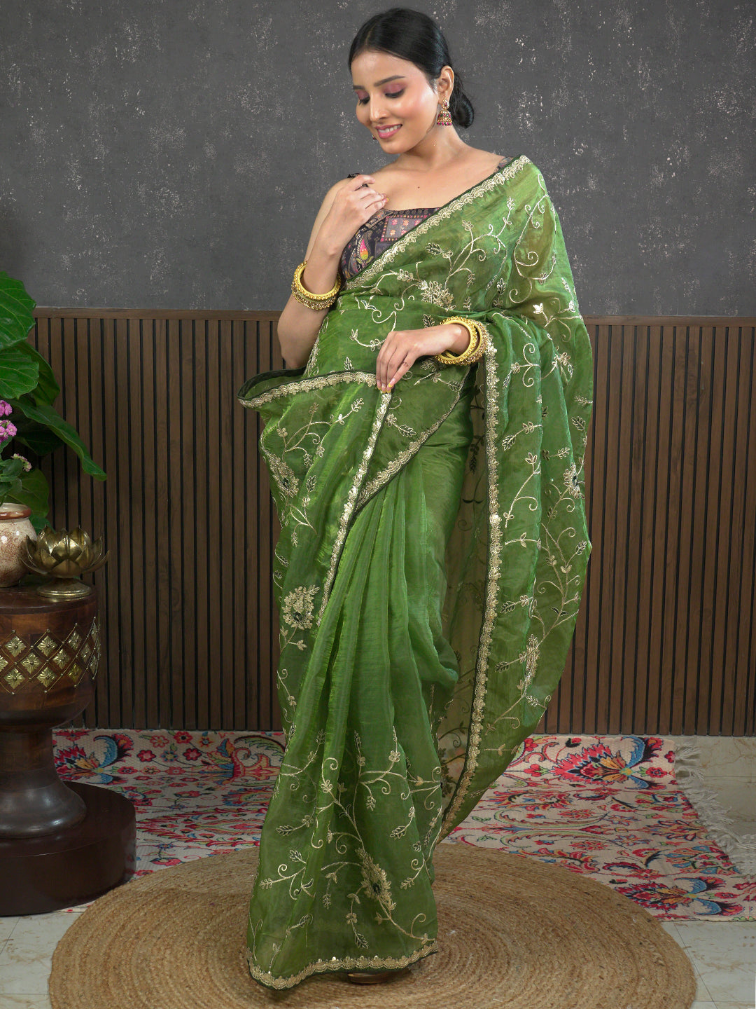 Gota Olive Embroidered Saree