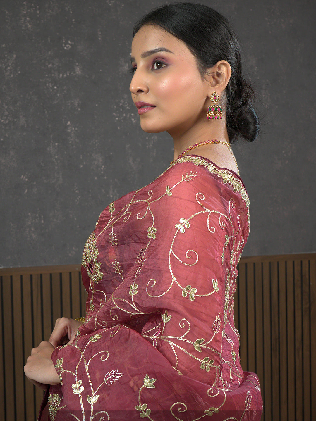 Gota Maroon Embroidered Saree