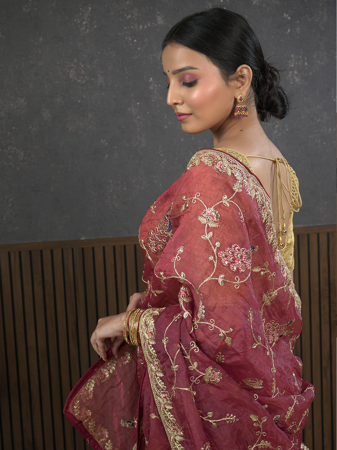 Gota Maroon Embroidered Saree