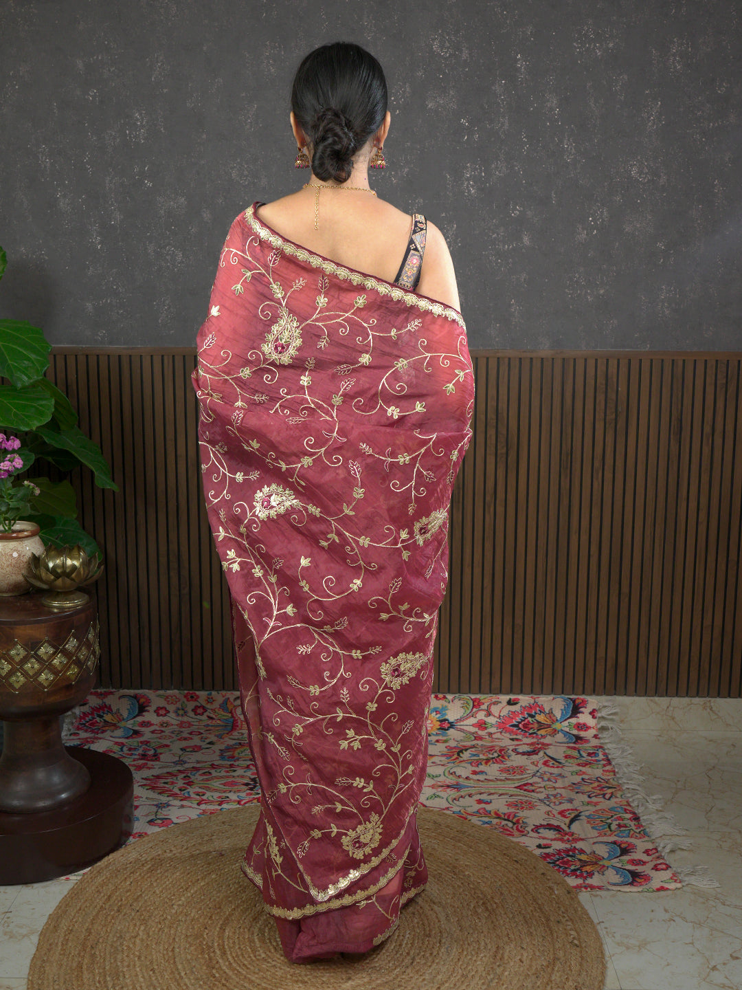 Gota Maroon Embroidered Saree