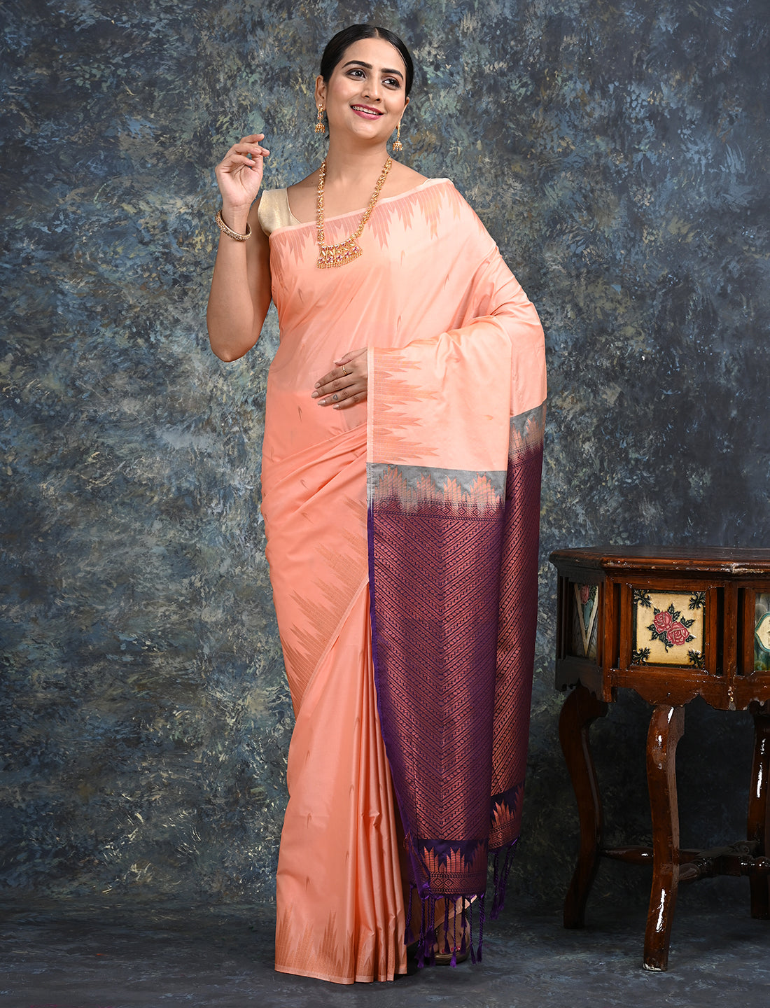 Dravya Peach Soft Semi Silk Saree