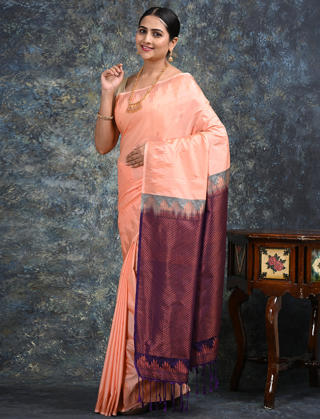 Dravya Peach Soft Semi Silk Saree