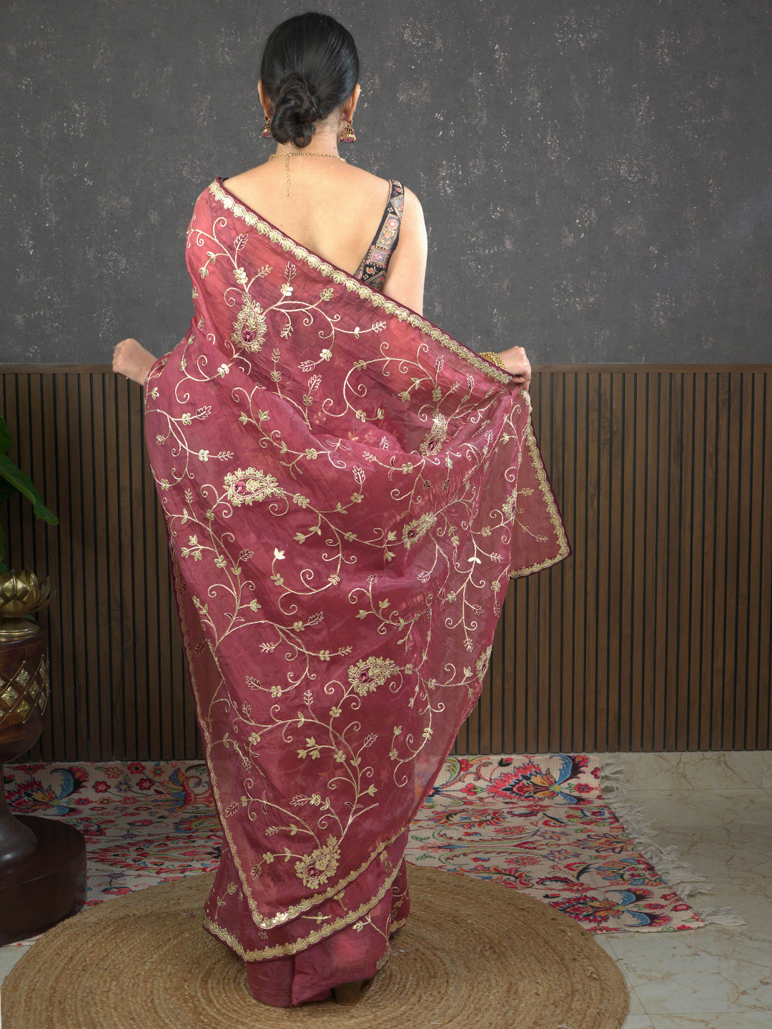 Gota Maroon Embroidered Saree